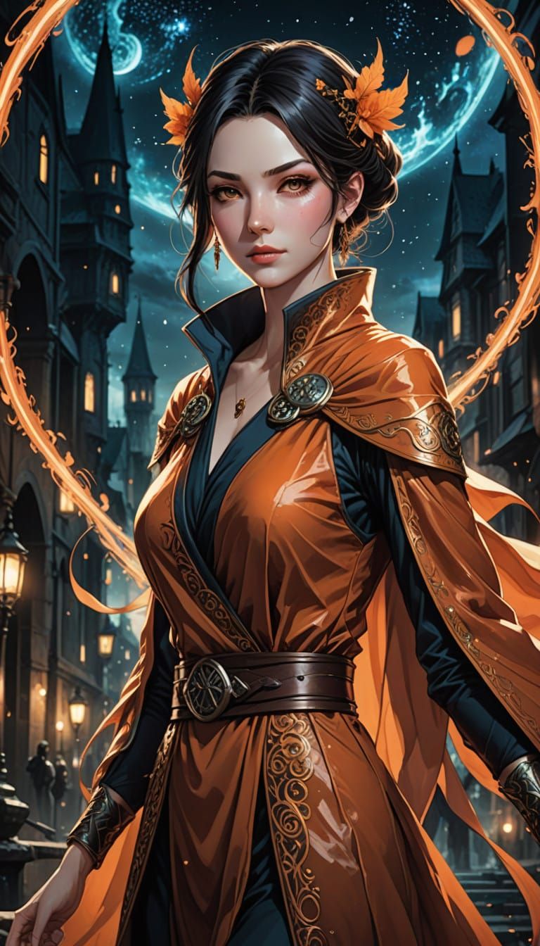 Medieval Fantasy Mage Woman in Cel-Shaded Cosmic Environment