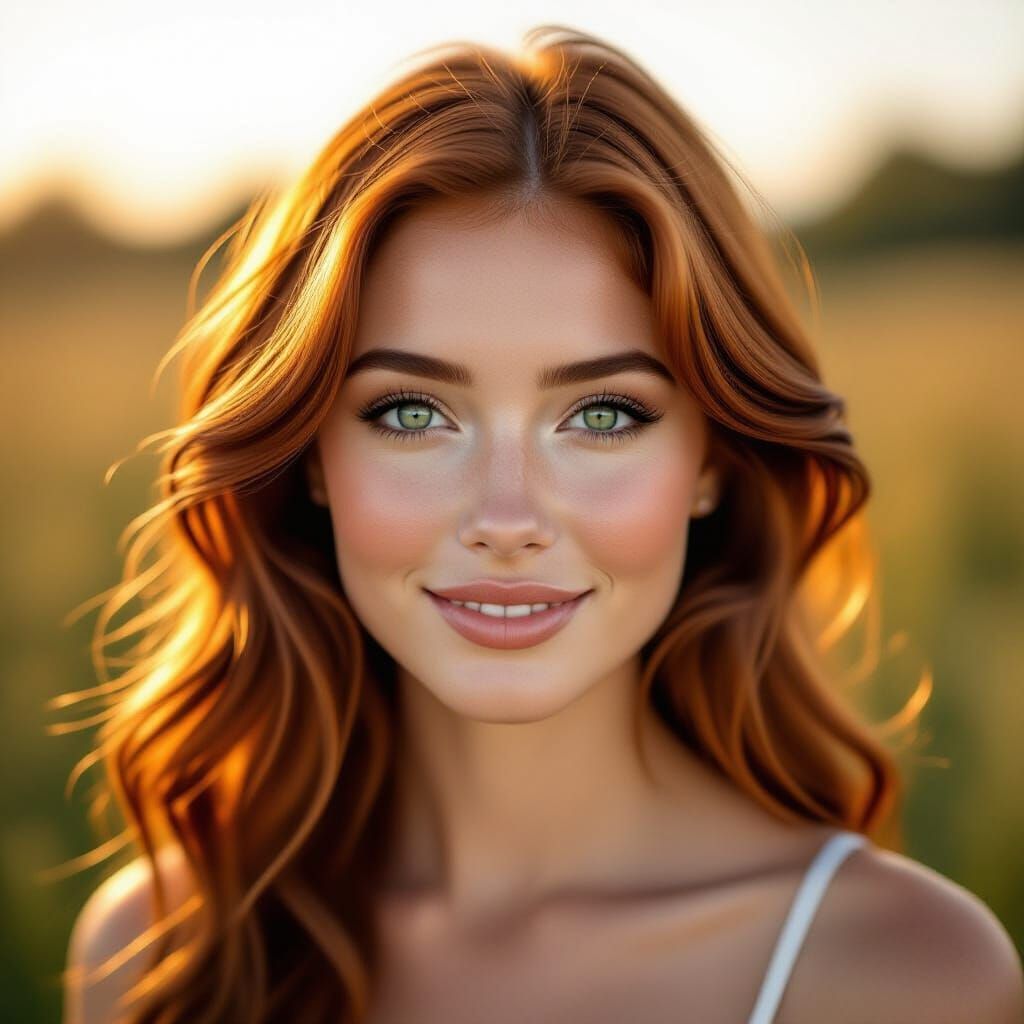 Photorealistic Portrait of Jezlynn with Auburn Hair and Gree...