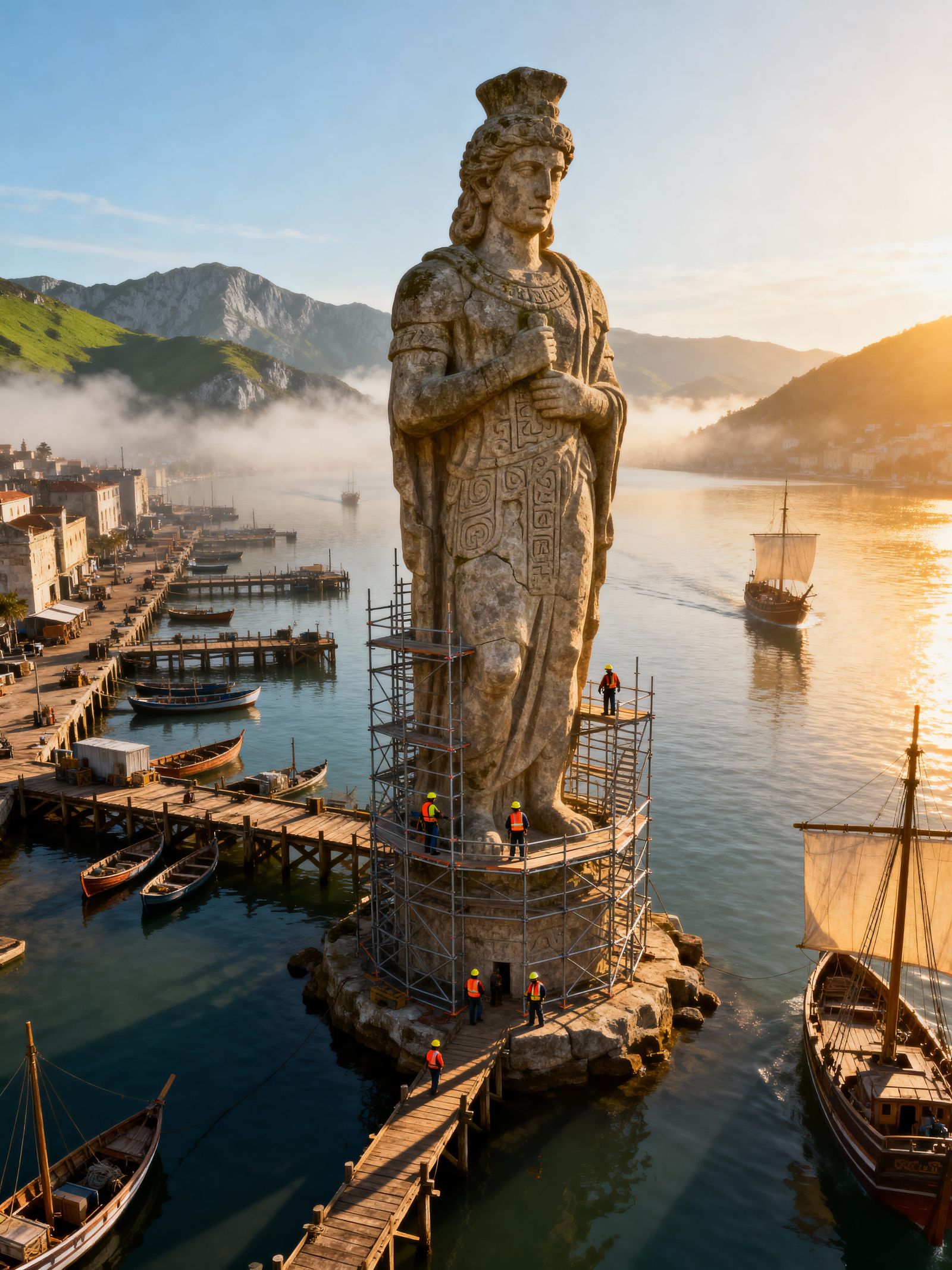 Ancient Statue Scaffolding Over Port City At Mountain Edge