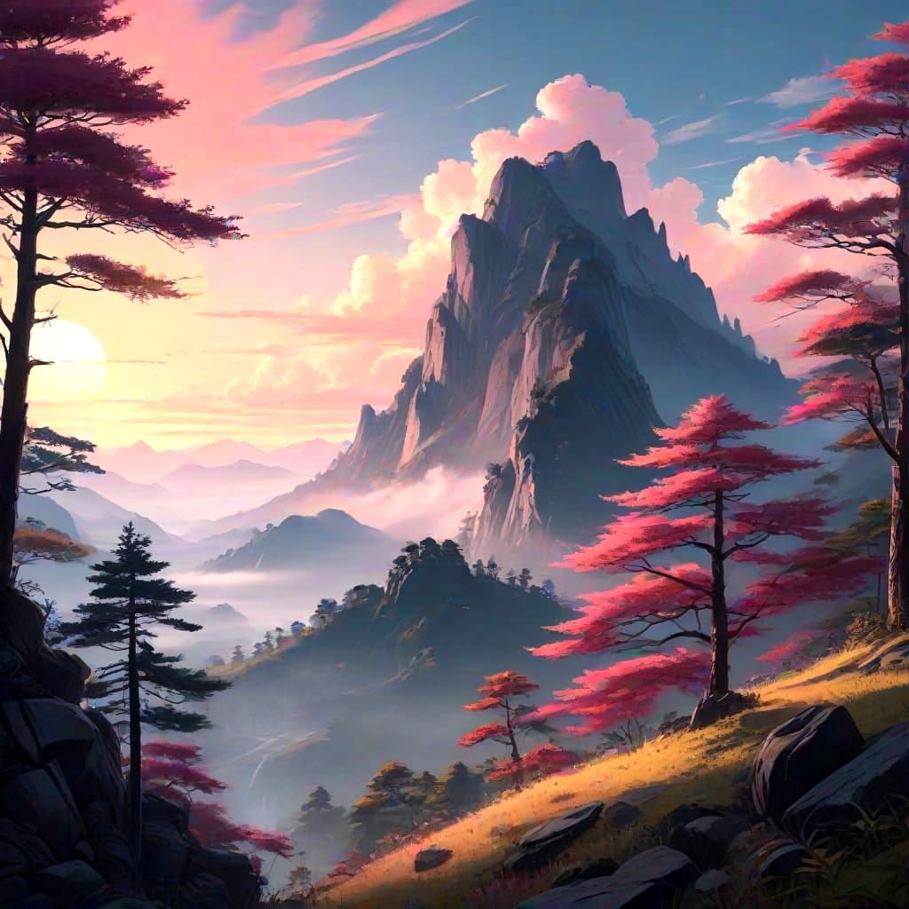 Surreal Sunrise Over Japanese Mountains in Flat Manga Style