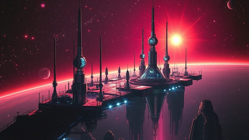 Futuristic Quasar Outpost Soars Through Cosmic Depths