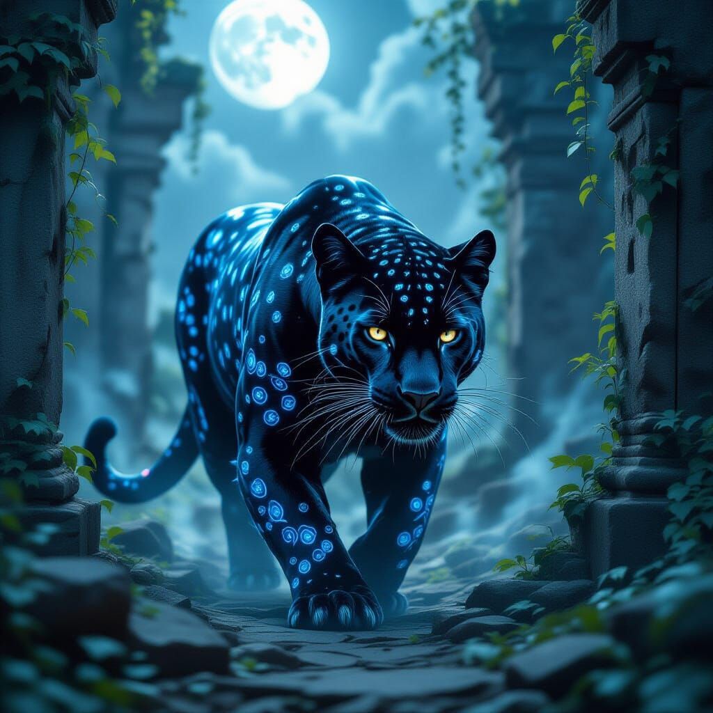 Bioluminescent Panther in Moonlit Temple Ruins