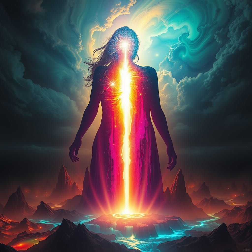 Ethereal Goddess of Chiaroscuro in Kaleidoscopic Shadows