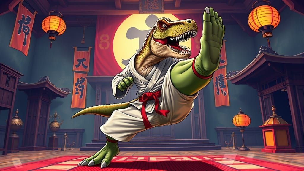 T-Rex Karate Master in Comic Book Style