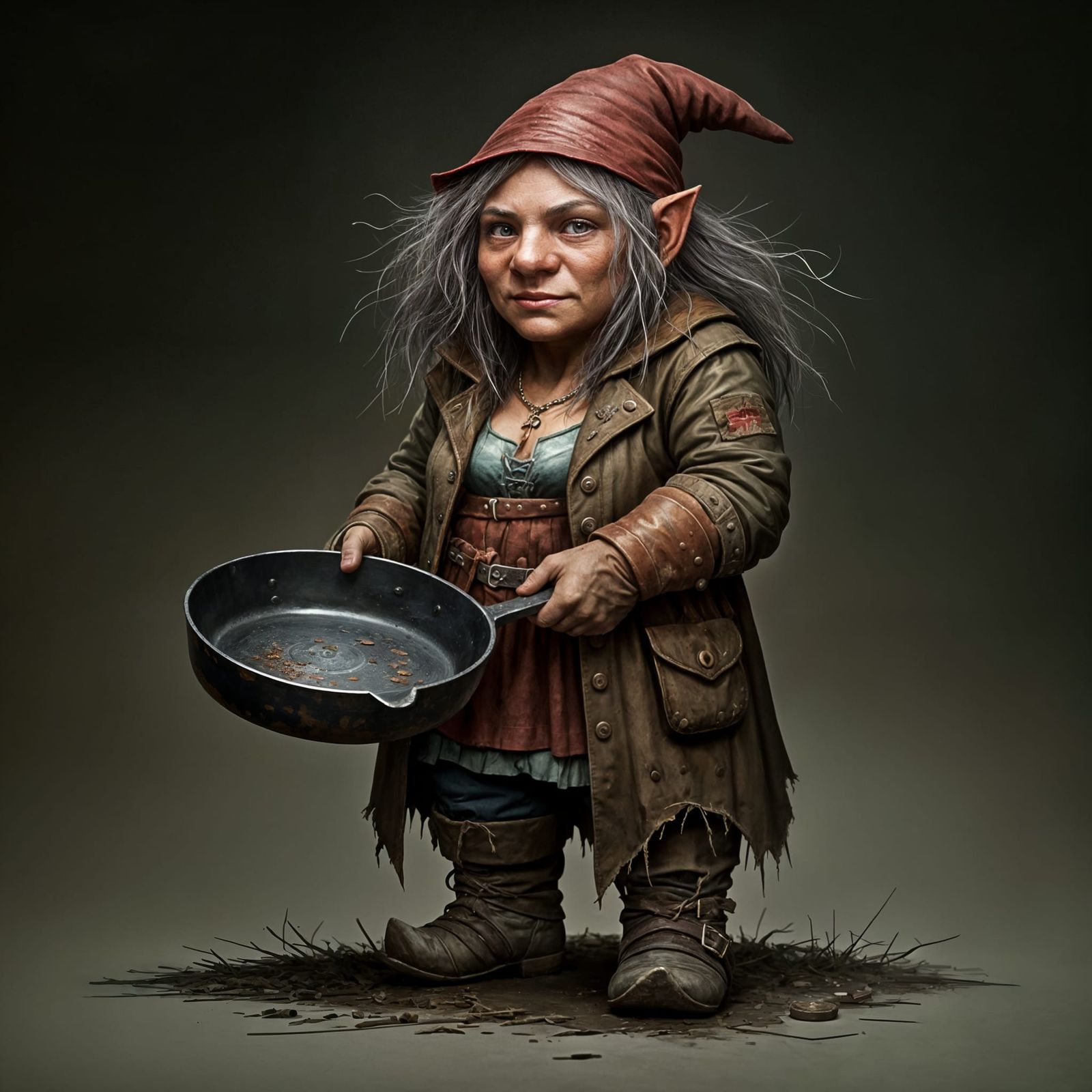 Grizzled Gnome with Red Hat and Frying Pan