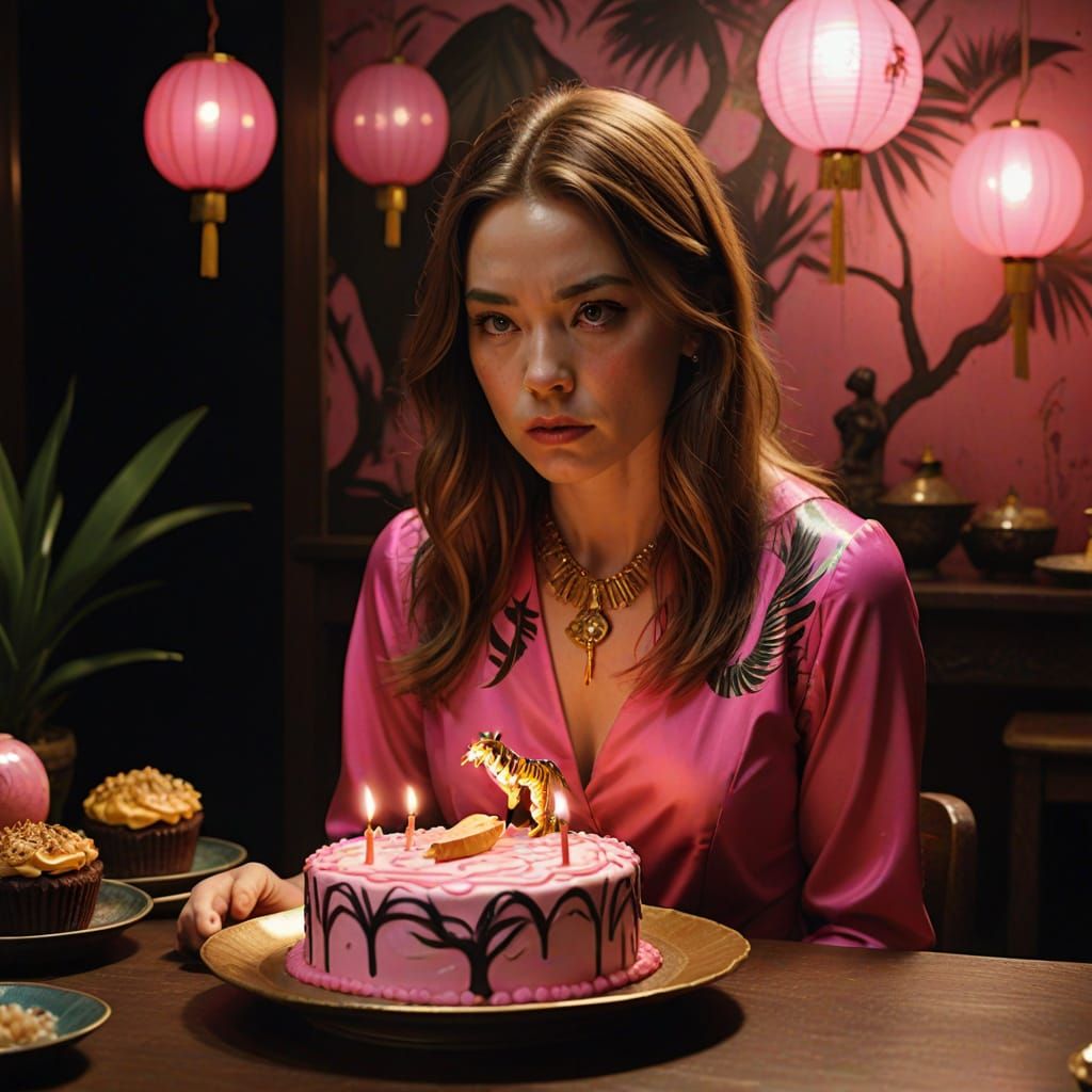 Woman Breakdances on Kintsugi Cake in Pink Tiger Dress