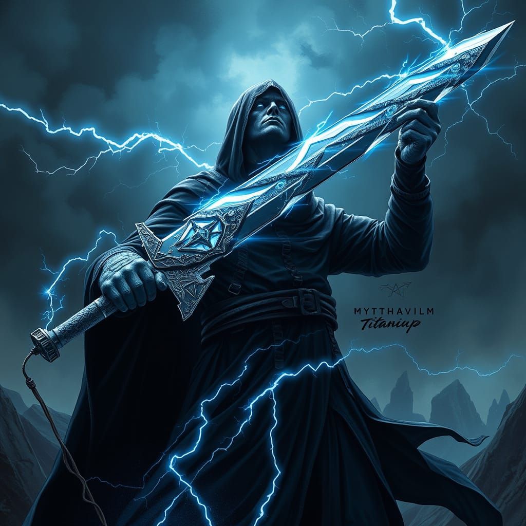 Titanium Blade Wielded by Cloaked Figure in Lightning Storm