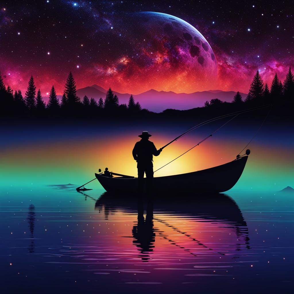 Fisherman Silhouette Gazing at Vibrant Galaxy