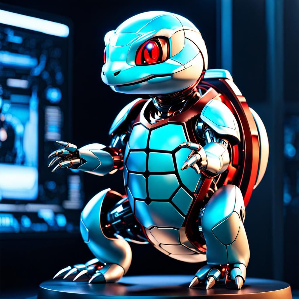 Holographic Cyborg Squirtle in Digital Art Style
