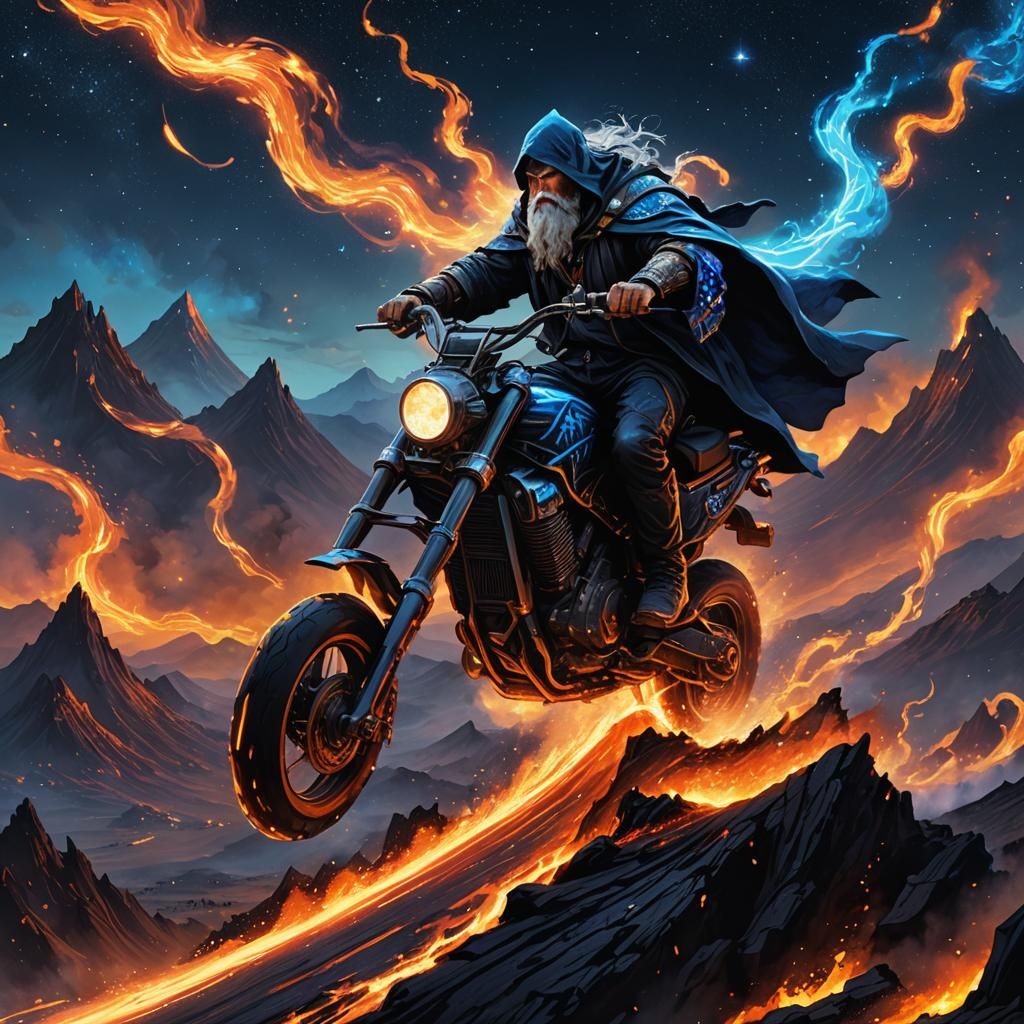 A wizard riding a futuristic motorcycle on a volcanic landsc...