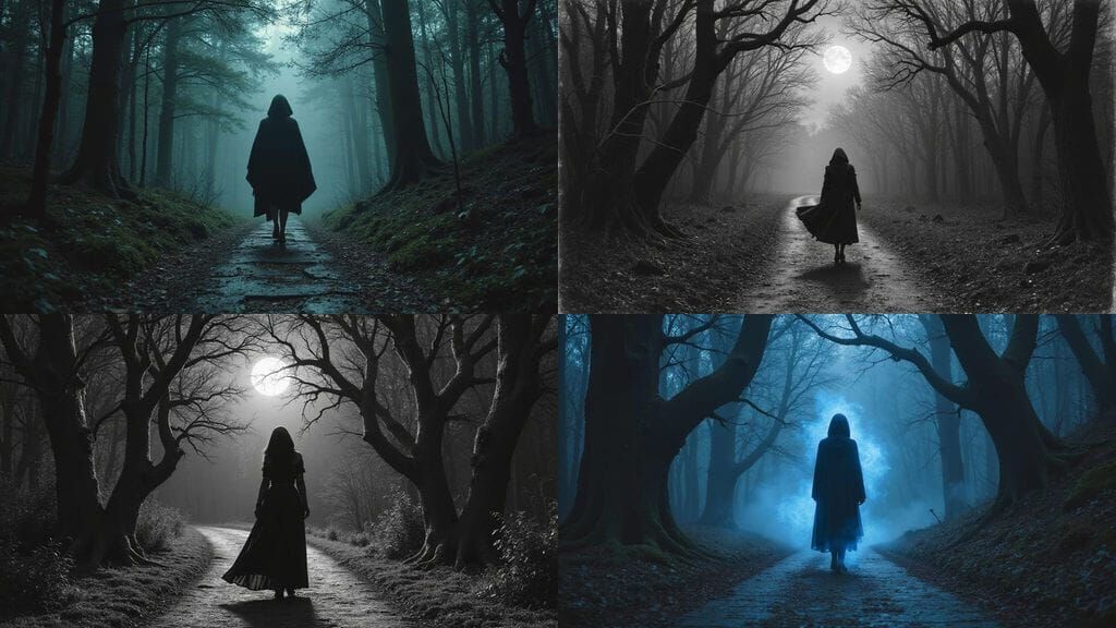 Mysterious Woman in Hooded Cloak in Dark Forest
