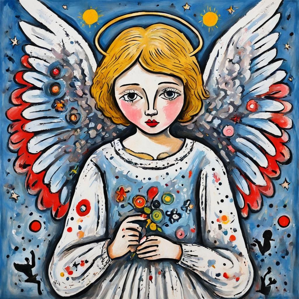 Naive Outsider Art: Angel in Gouache and Ink