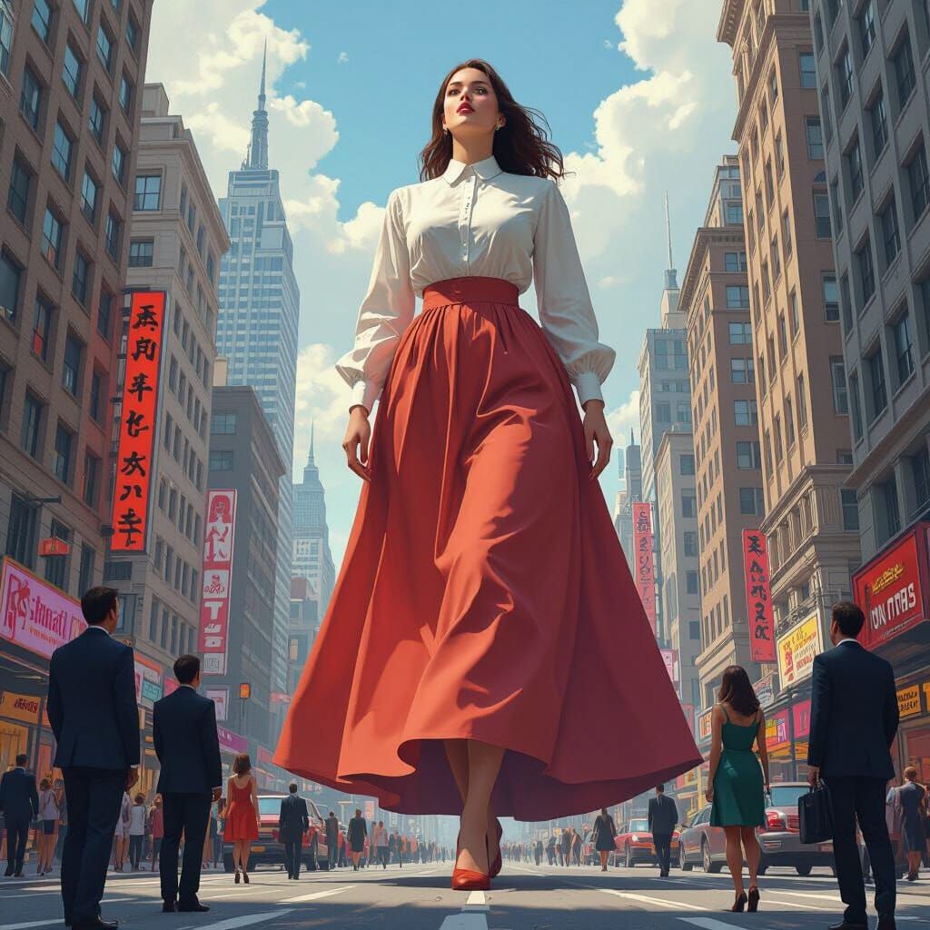 Giant Woman Walks Through Metropolis in Surreal Style