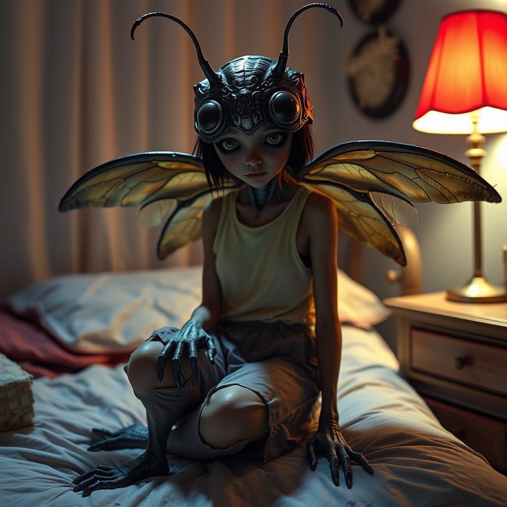 Eldritch Insect Girl in 80s Clothing on Bed