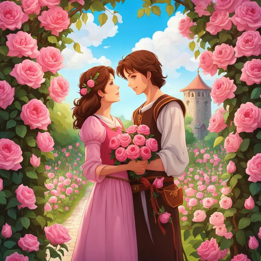 Cheerful Mother and Son in Rose Garden: Anime Style