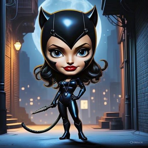 Kawaii Cat Woman in Gotham City Rooftop Sunset