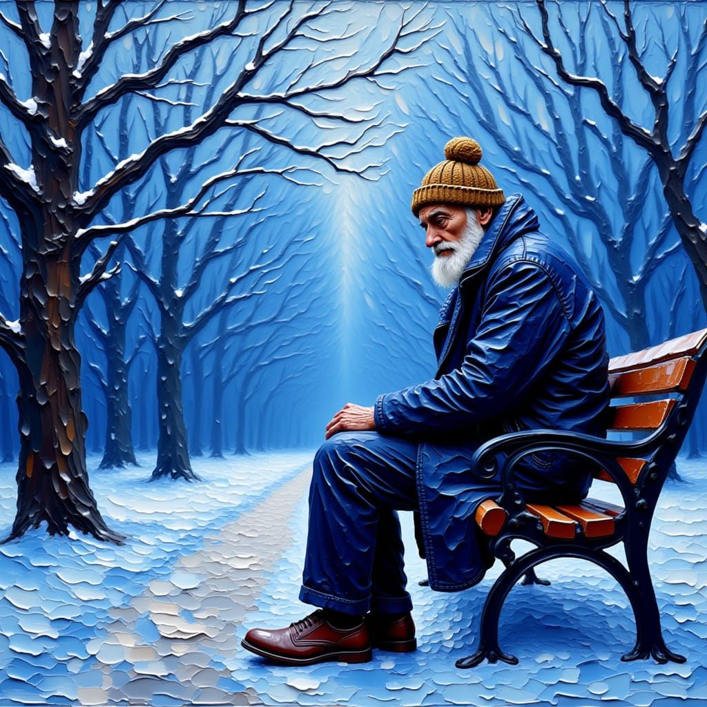 Impasto Oil Painting of Sad Old Man in Blue Winter Landscape