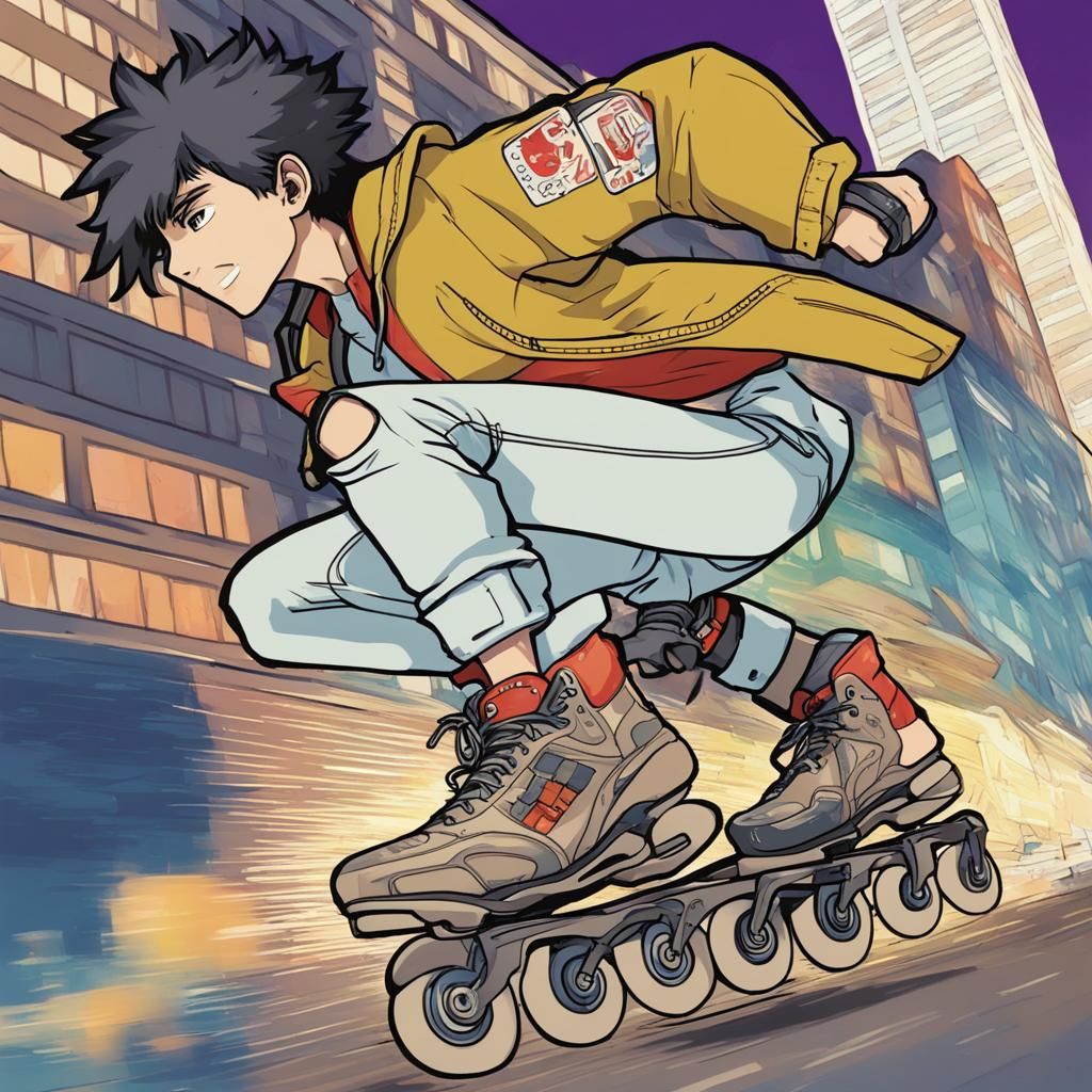 Anime Illustration: Rollerblader in Cityscape