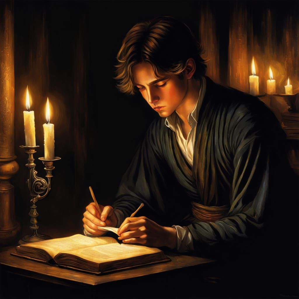 Boy Reading by Candlelight in Dark Room, Anime Style