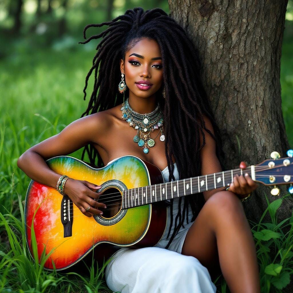 Dreamy Painting of Woman with Guitar in Broken Color Style