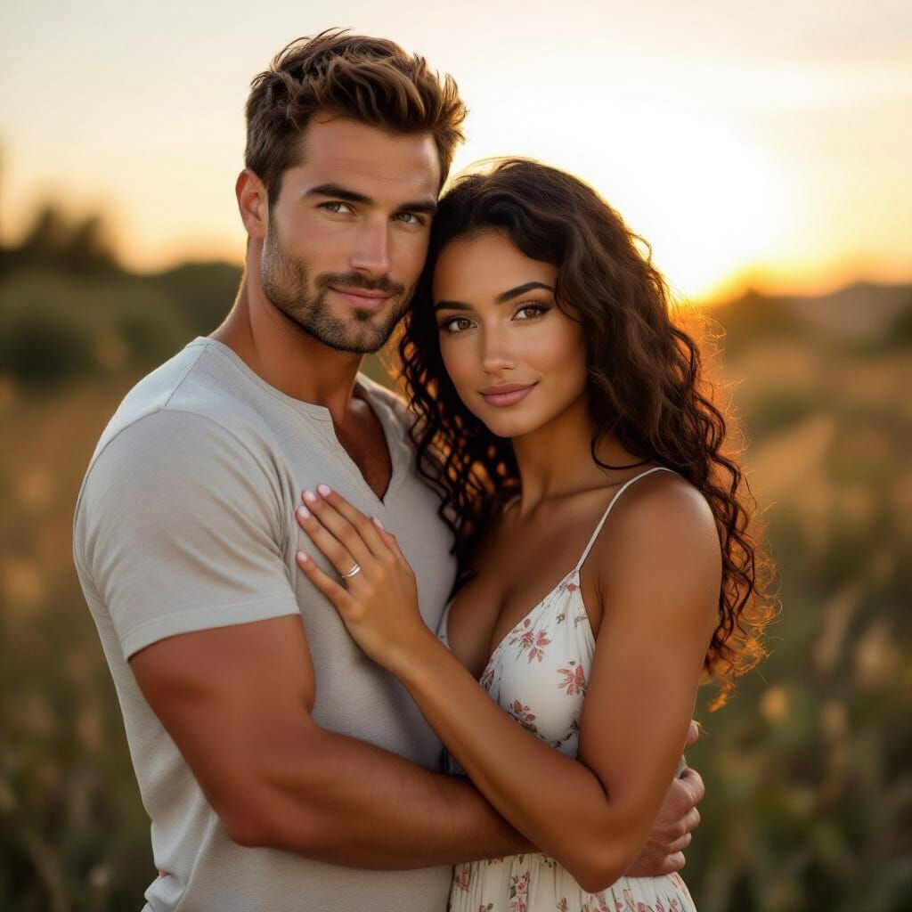 Romantic Sunset Embrace: Athletic Man and Woman