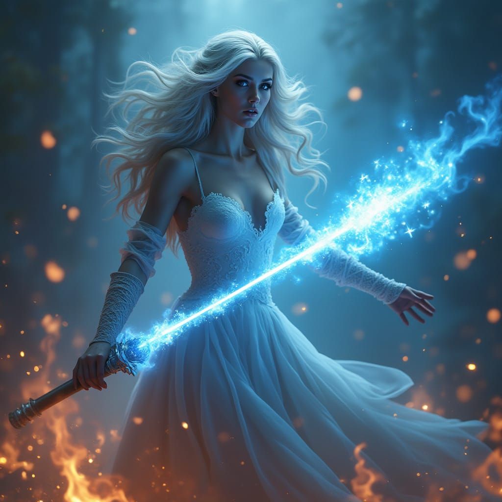 Elegant White Dragon with Lightsaber in Fiery Storm