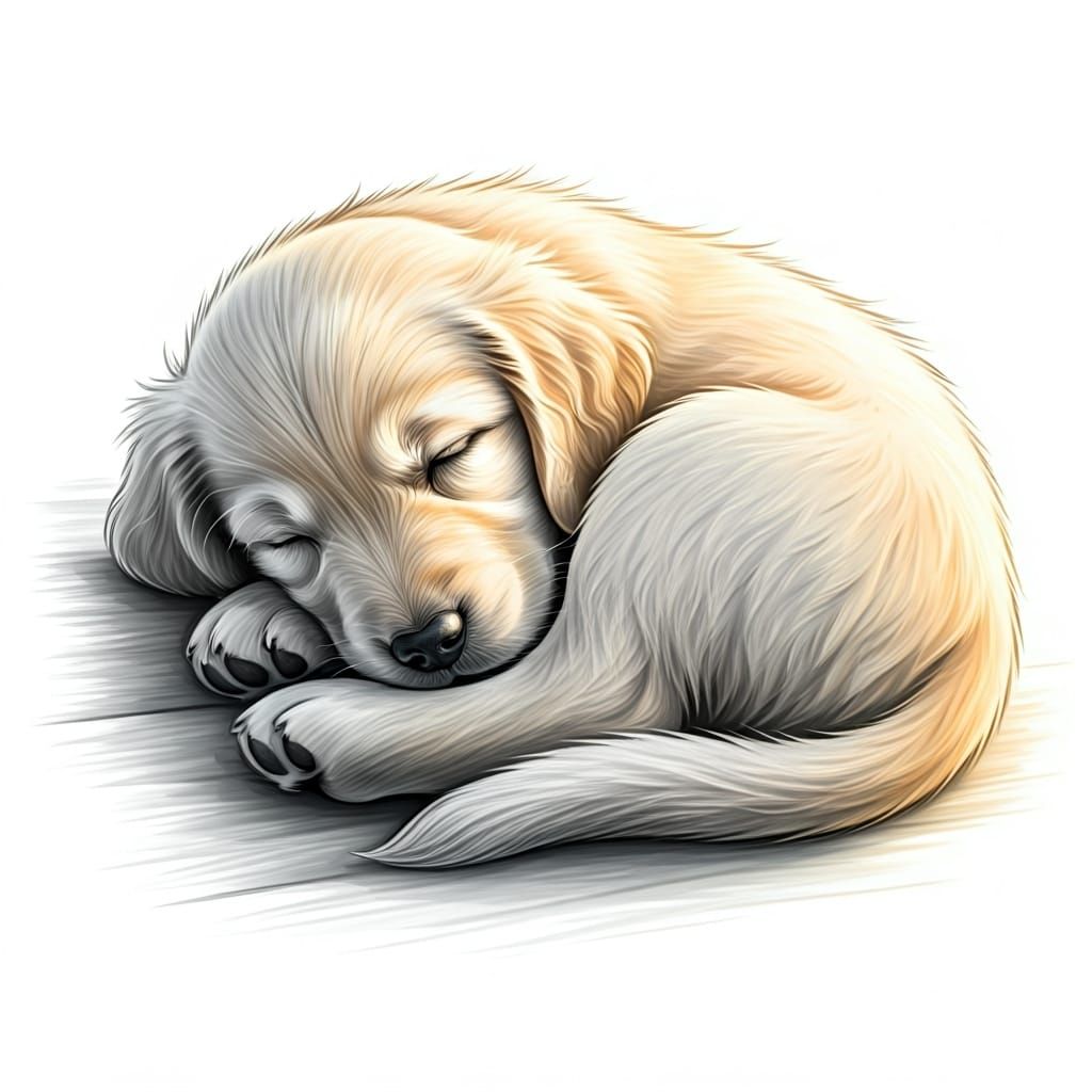 Sleeping Golden Retriever Puppy in Pencil Sketch Style