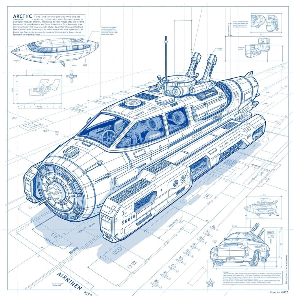 Futuristic Arctic Hovercraft Submarine Engineering Blueprint