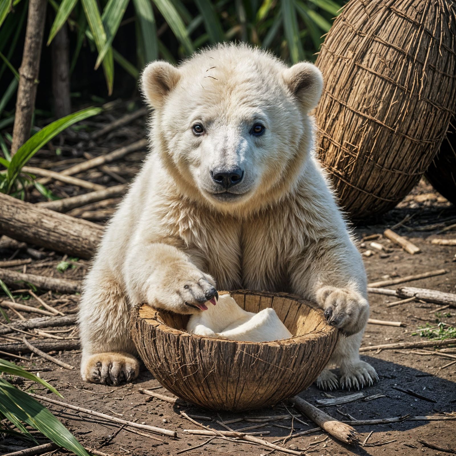 Polar Bear Cub with Coconut Helmet