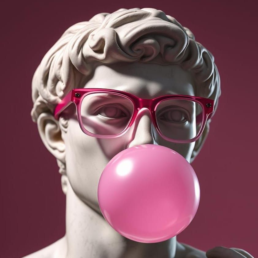 David Sculpture with Pink Glasses and Bubble Gum