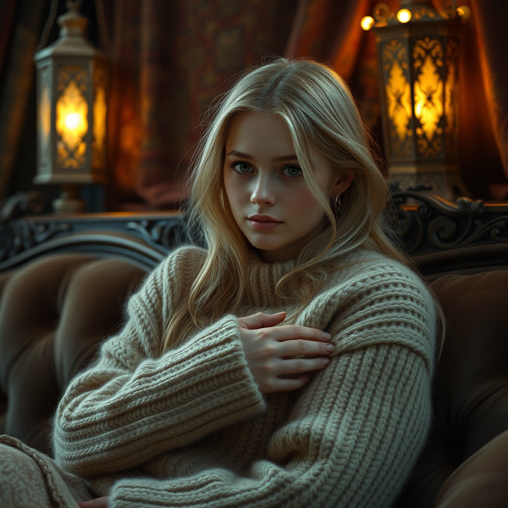 Blond Woman in Angora Sweater, Fantasy Matte Painting