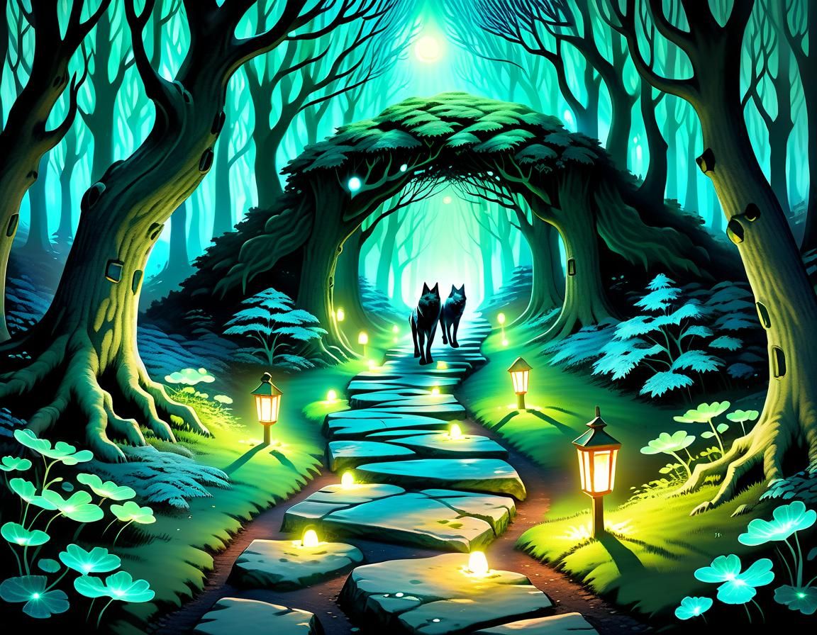 Ethereal Forest Path with Wolves