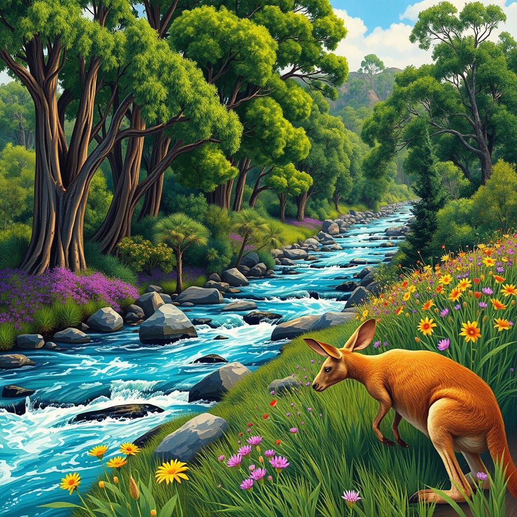 Australian Gumtree Oasis Amidst Wildflowers and Kangaroos