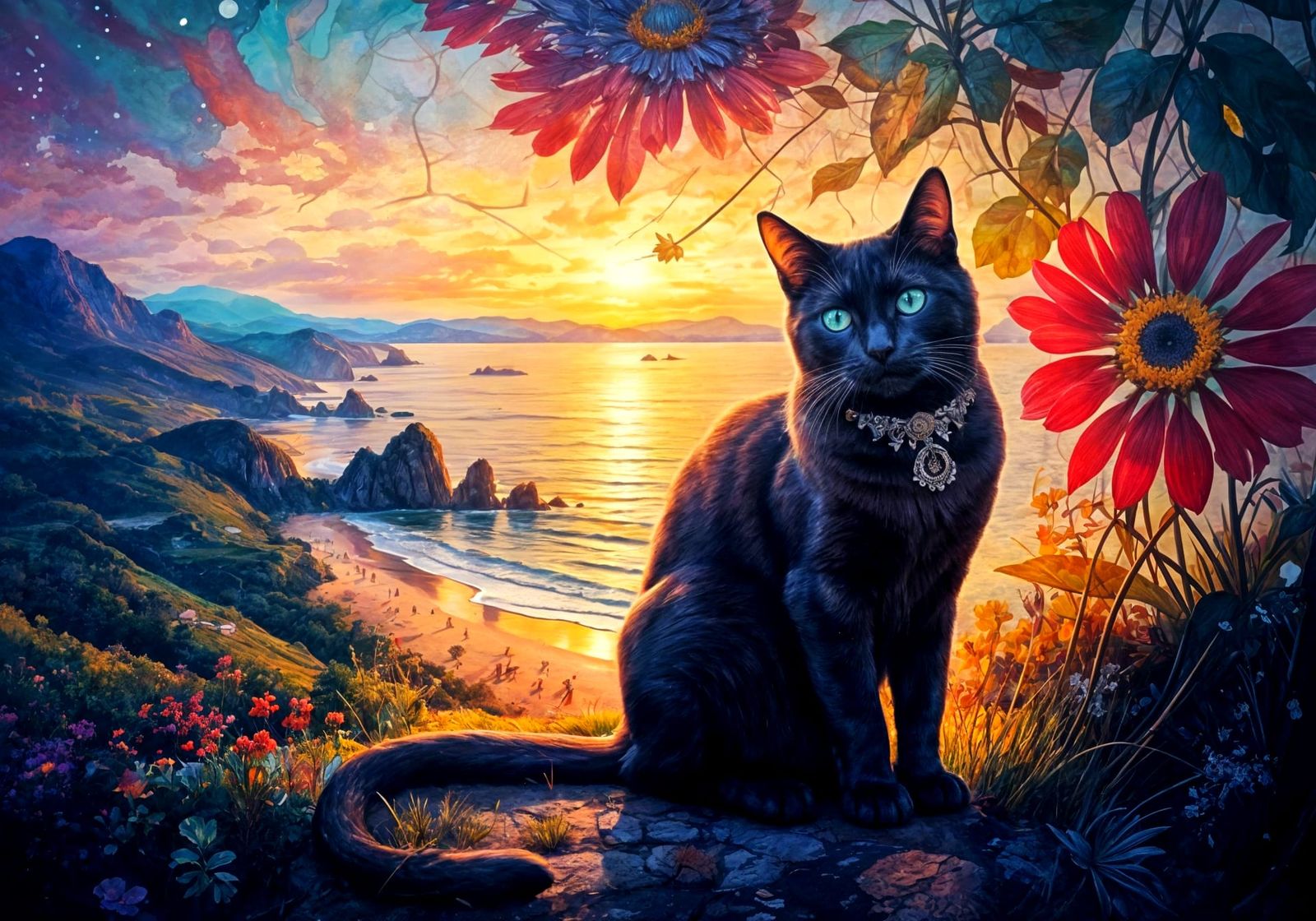 Stained Glass Oil Painting: Cat in Colorful Landscape