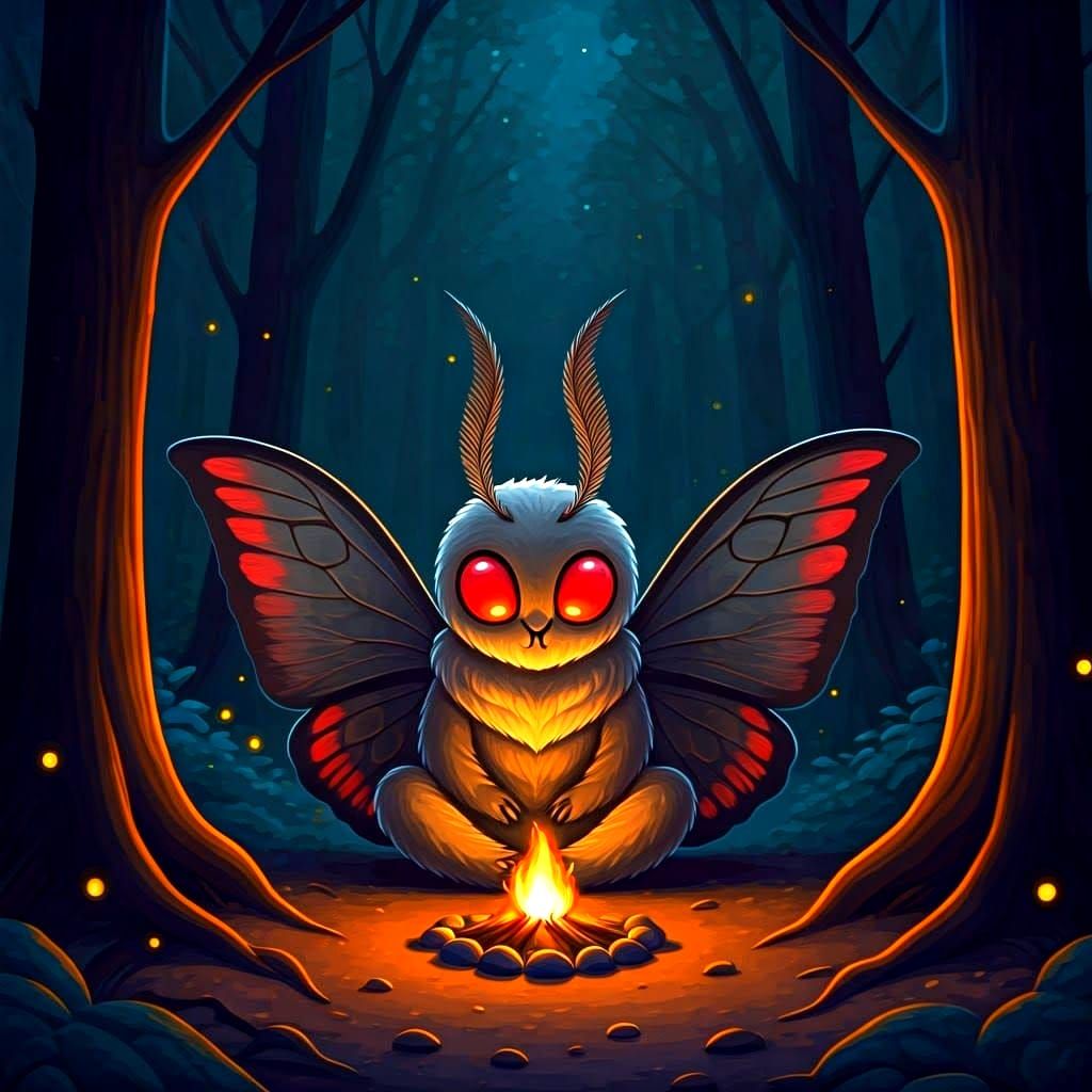Chibi Mothman by Campfire at Night in HDR