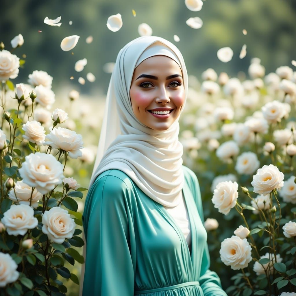 Hijabi Woman in Rose Field, Dreamy Portrait