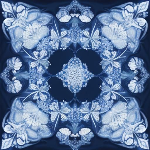 Mystical Midnight Flower: Surreal Fractal in Blue and White