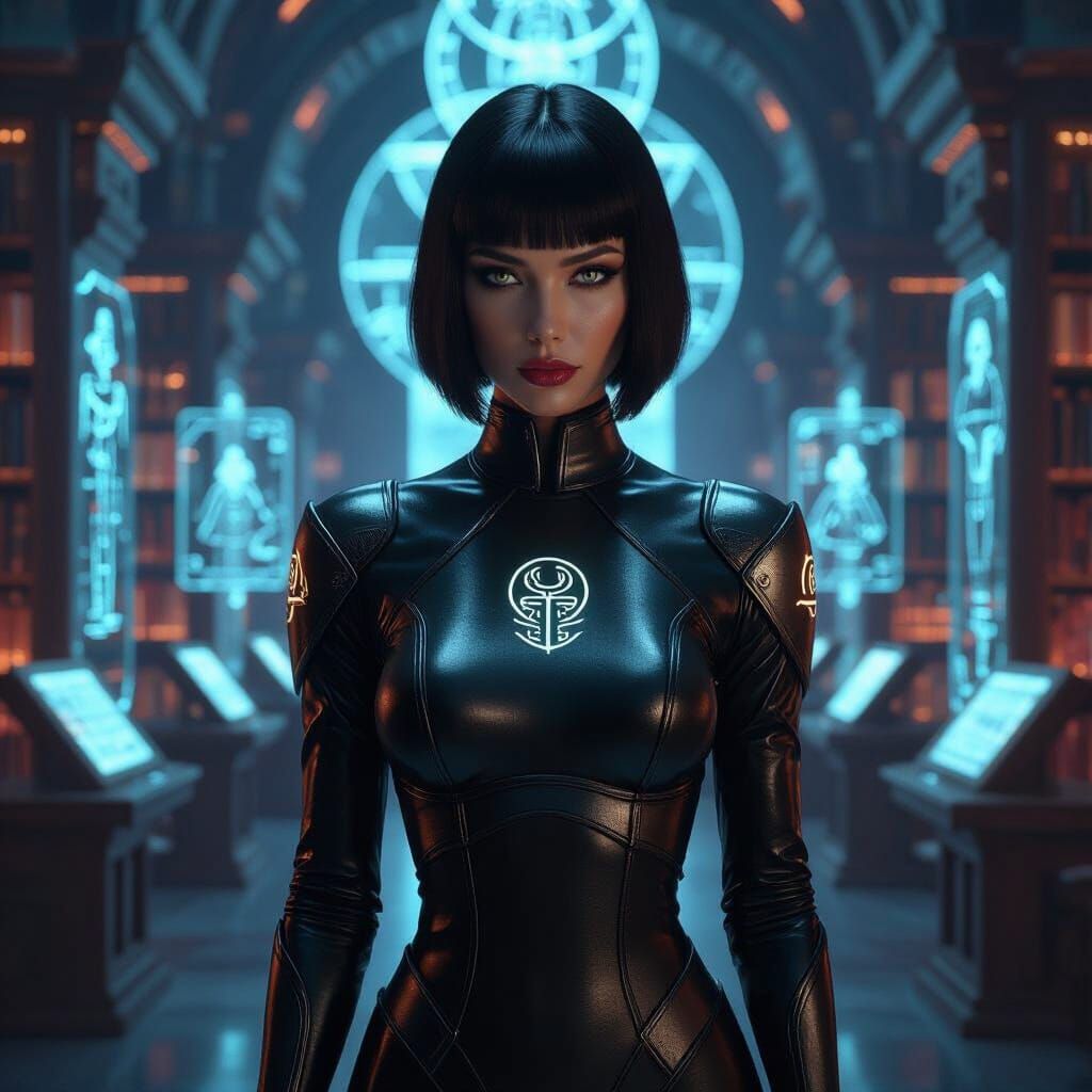 Futuristic Art Deco Library with Statuesque Woman