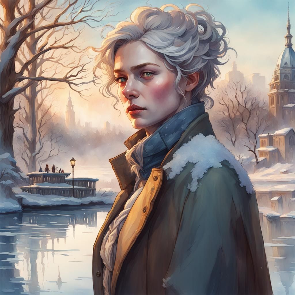 Winter Cityscape Watercolor Painting with Frozen Lake