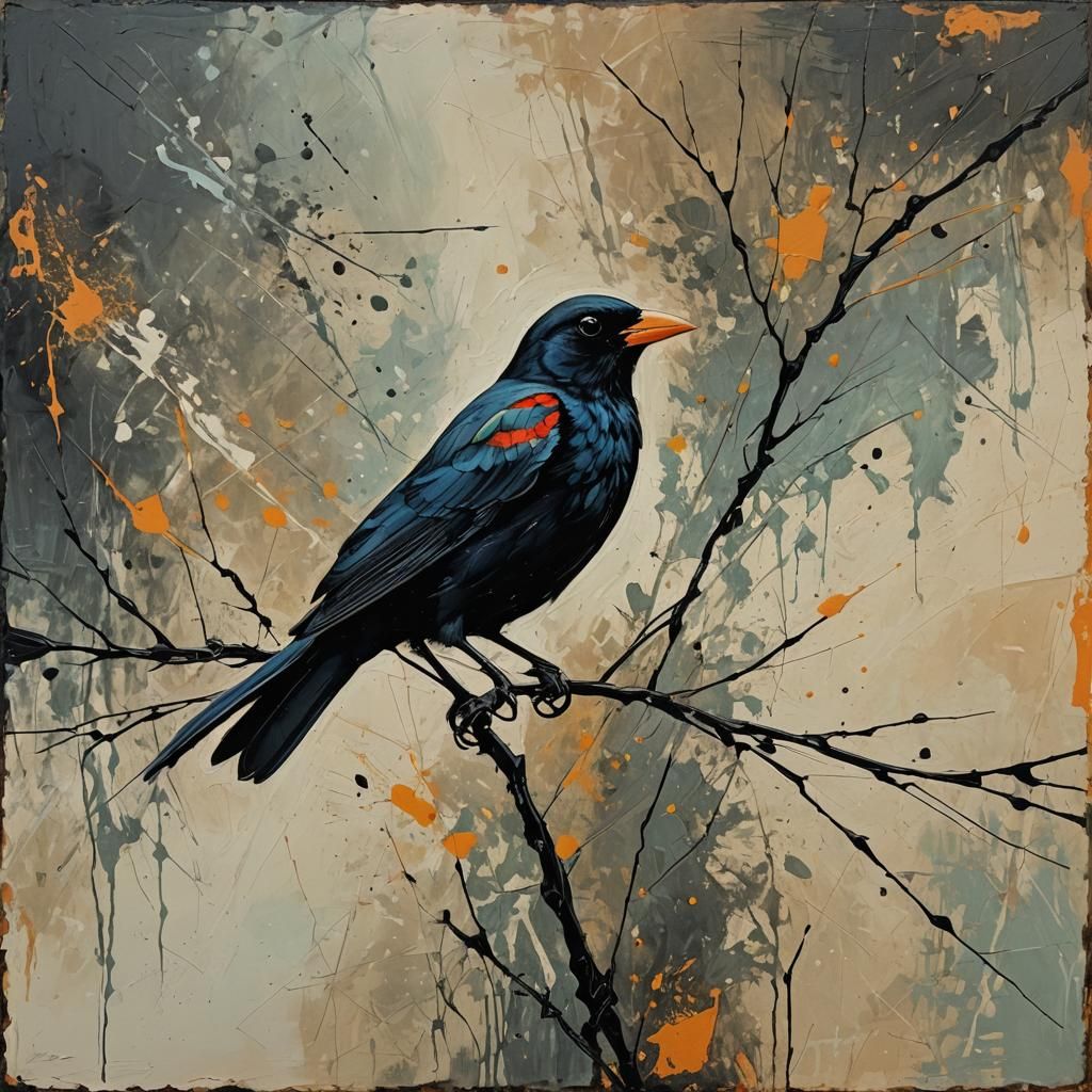 Abstract Blackbird Art in Complementary Colors