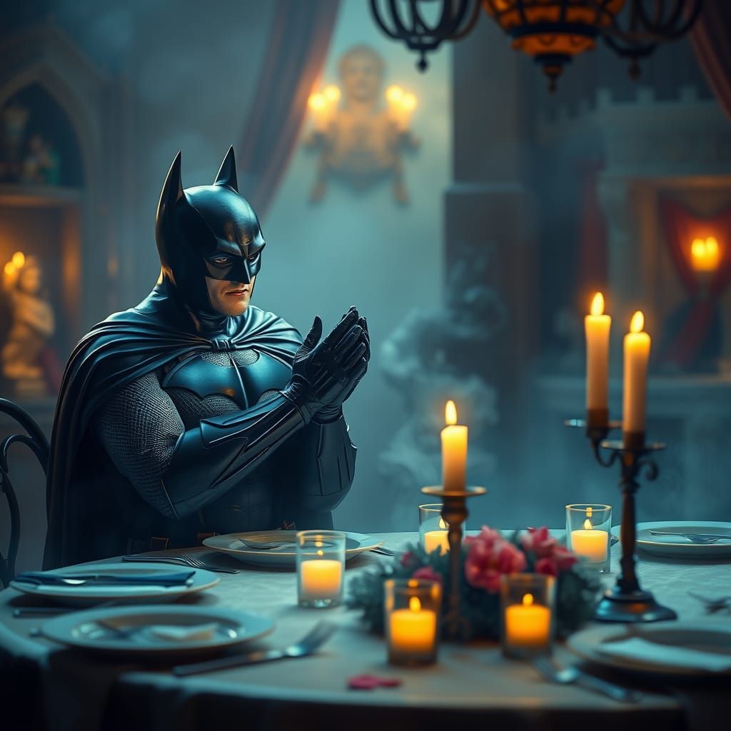 Batman at Candlelit Dinner Table in Ethereal Fantasy Hyperde...