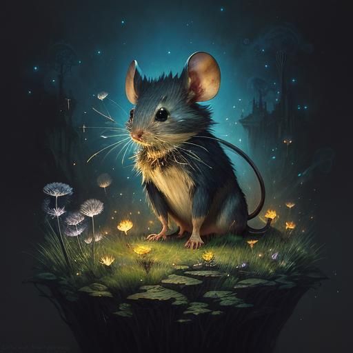Anthropomorphic Mouse Gazing at Crystal Dandelion