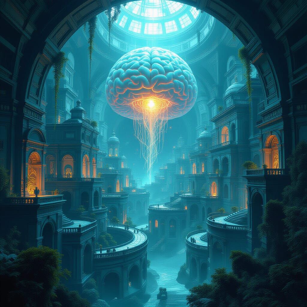 Surreal Brain Labyrinth with Bioluminescent Structures