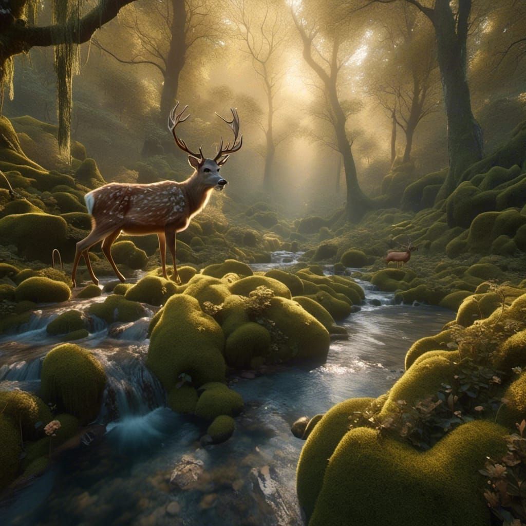 Ancient Forest with Deer at Golden Hour