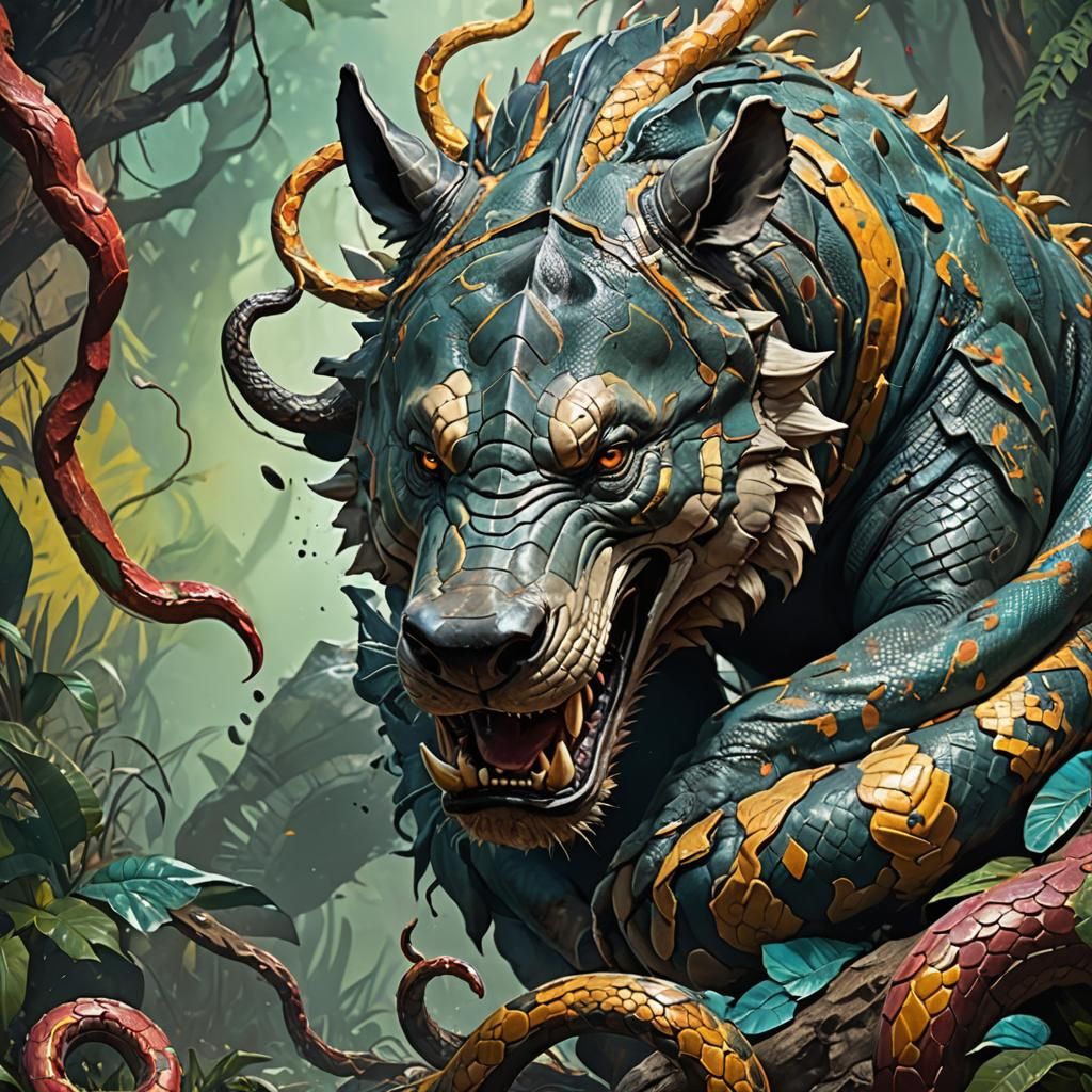 Hyperrealistic Hybrid Creature: Wolf, Man, Snake, Rhino