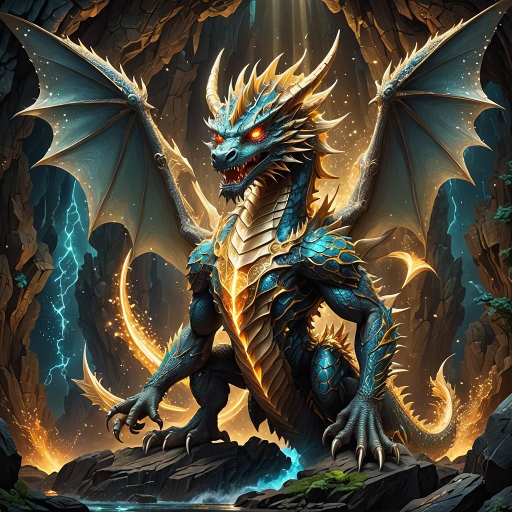 Sparkling Dragon Gazing at Magical Trident