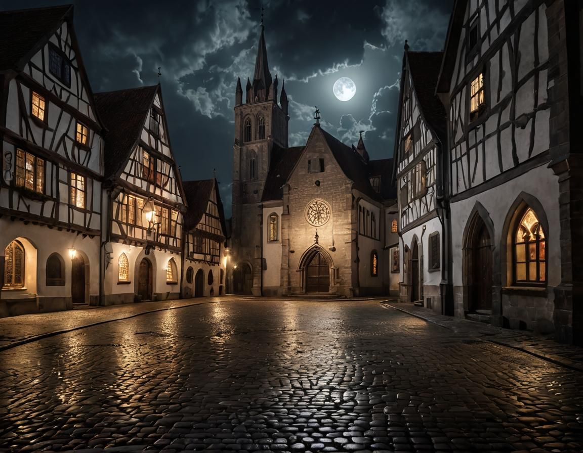 Mystical Medieval Town Square at Night