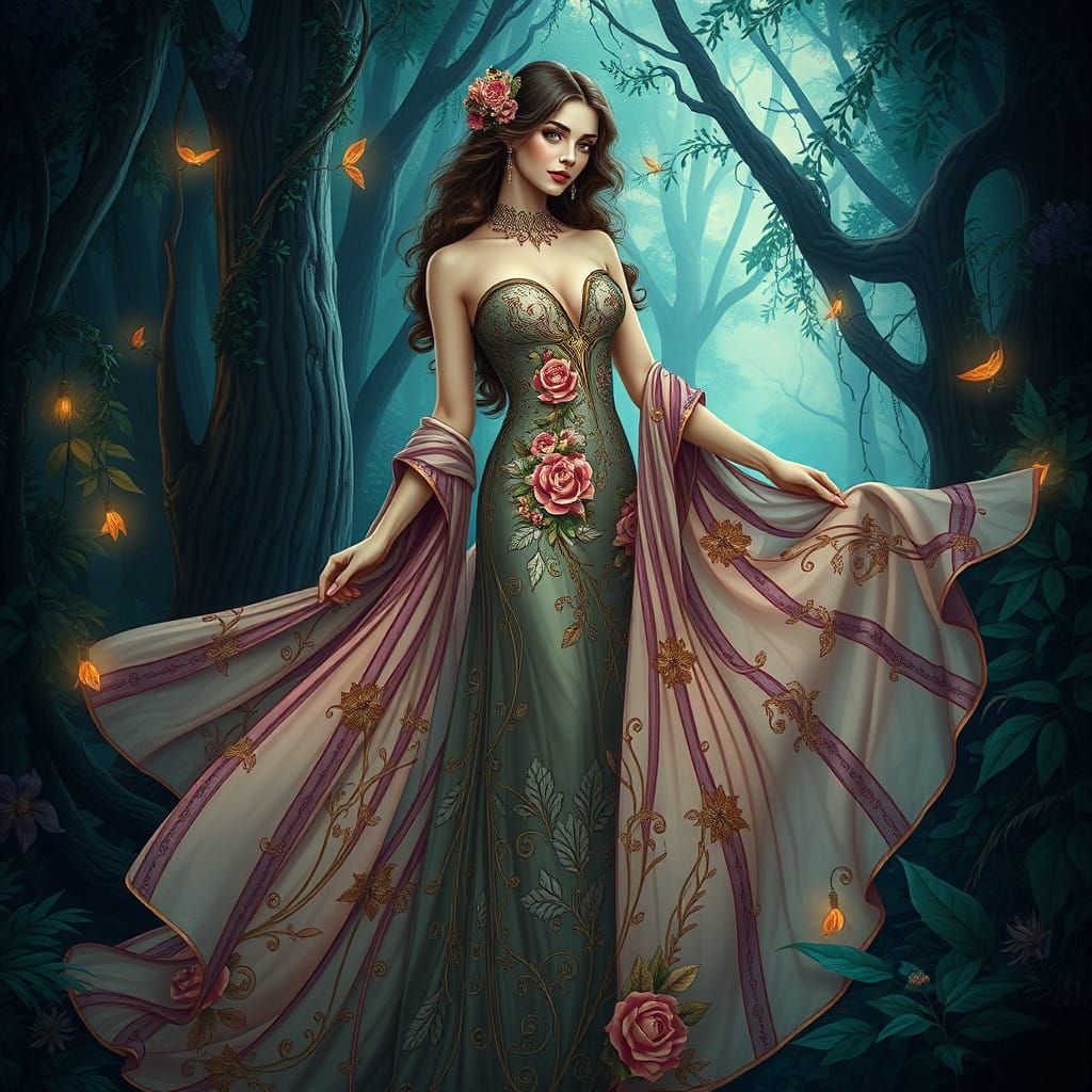 Ethereal Art Nouveau Goddess in Lush Forest