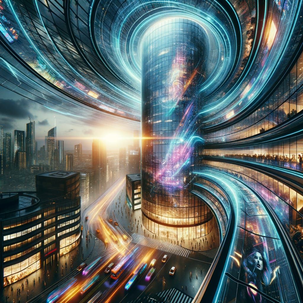 Futuristic Skyscraper Twisting in Dystopian Cityscape