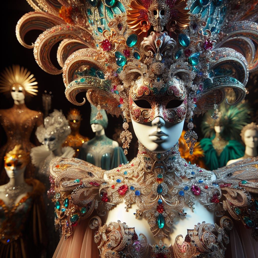 Ornate Venetian Mask and Gown Display